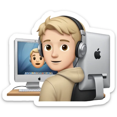 white man with headphones in front of computer mac which has a picture of cambridge sticker