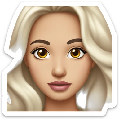 Girl with cateyes and a light skin tone long eyelashes with long dark brown hair in a side parting in a wavy/blowout effect style wearing white scoop neck top and wearing a gold necklace and has plump light pink glossy lips sticker