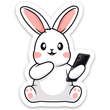 white bunny holding cracked phone with shocked face sticker