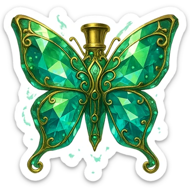 crystal elegant butterfly-shaped bottle, short gold neck (no crown), green and blue colors, lots of glowing, facets, more ornaments, decorations, golden details, magical effects, premium class, transparent background, bottle clearly flying in the air, no base or shadow. sticker
