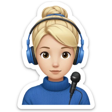 a girl with blue knitwear with a blonde hair
bun and her job is a podcaster (microphone
in front of her face and a headphone in her head) sticker