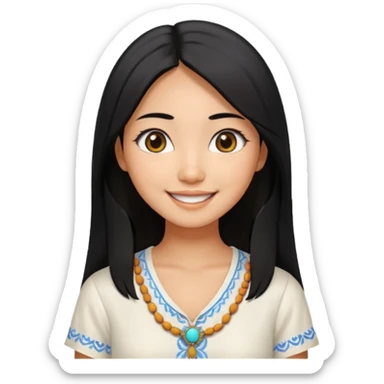 30 yr old asian woman center parted hair big eyes big smile tanned skin straight black hair hippie part hair white blouse sticker