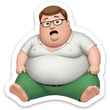 Peter Griffin from Family Guy with a very large pregnant belly, laying down on his back, sweating profusely, wearing green pants and white shirt sticker