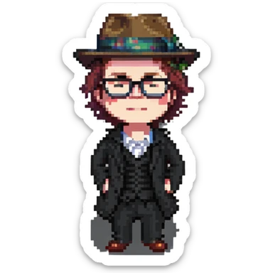 Patrick Stump from Fall Out Boy, pixel art style, wearing a fedora and glasses, singing sticker