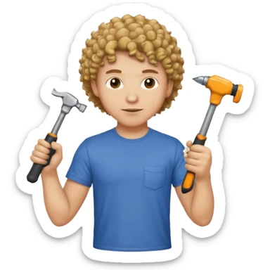 a guy who looks very handsome, has curly hair,  wears a tee shirt and holds a screwdriver in one hand and a  hammer in the other sticker