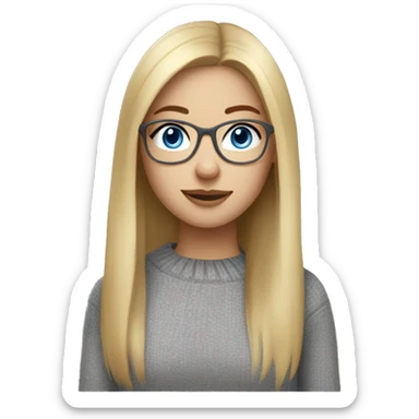 girl with blond long straight hair, ,blue eyes, mini nose and cute glasses in grey sweater sticker