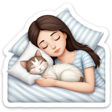 side view brunette teenage girl sleeping with white cat that has beige stripes on a white pillow with white sheets sticker