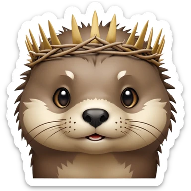 really cute confused otter face with simple thorny stem wrapped horizontally around its forehead like Jesus Christ's Crown of thorns, no crown shape on top, just thin spiky branches circling the forehead sticker