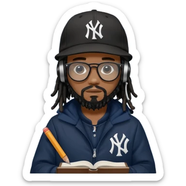 African American man with shoulder length black dreadlocks with black beard wearing black sunglasses wearing a black New York Yankees logo baseball cap wearing a black bubble winter coat wearing headphones writing in notebook sticker