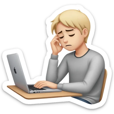 Create an emoji of a tired person sitting at a laptop, looking exhausted and frustrated. They have slouched posture, representing overwork and burnout. sticker