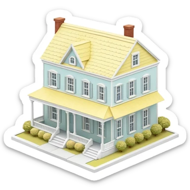 charleston pastel row home dollhouse, 3d isometric, pastel yellow and white, realistic sticker