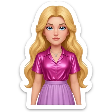 Aphrodite from Greek Mythology with blue eyes, long blonde hair, hot pink metallic sweetheart shirt, lavender pink long skirt, silver necklace sticker