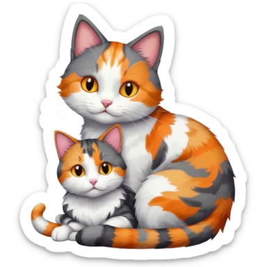 full body large dark grey and white cat cuddling a colourful light patched calico + white tabby cat  sticker