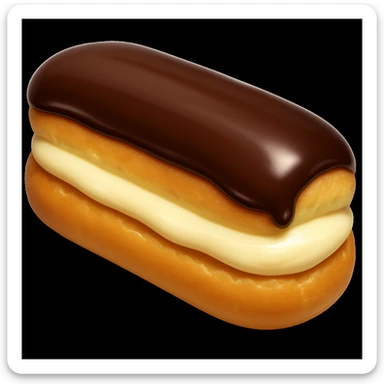 Add a glossy chocolate glaze on top of the minimal dairy-filled eclair, keeping the style and background the same as the original image. sticker