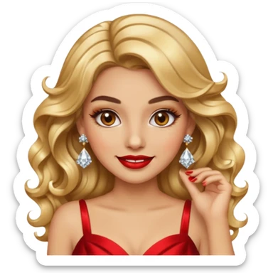 “Emoji girl, glamorous smile, shimmering gold eyeshadow, bold red lips, voluminous waves, dramatic lashes, wearing diamond earrings and gold gown.” sticker