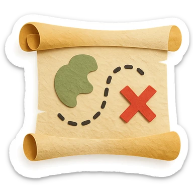 rolled treasure map with an X mark, dotted path, and island details, layered paper effect sticker