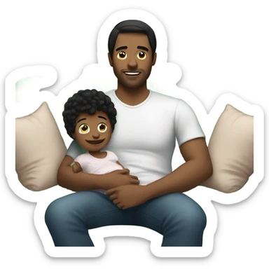 Man with black hair and baby relaxing on couch together sticker