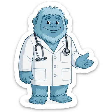 blue friendly yeti wearing a doctor's white coat, full body, approachable expression, medical theme sticker