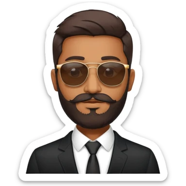 a brown indian man with italian faded beard wearing sunglasses and black suit sticker