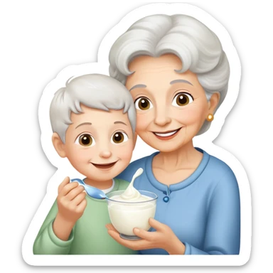 grandmother offering yogurt to grandson sticker