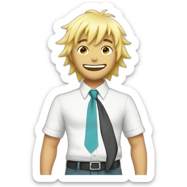 Denji with his blond hair in a shaggy style, brown eyes, with his shark teeth, is smiling evil and with a shirt with a tie from chainsawman sticker
