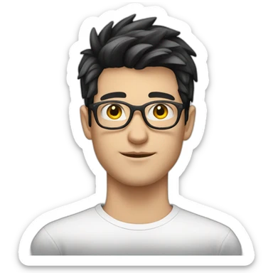 young white European guy with a white shirt and black hairs and metal glasses sticker
