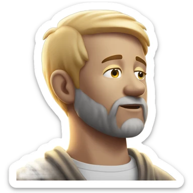 man with orange beard, short blond hair as he praying, with a holy shine behind him sticker