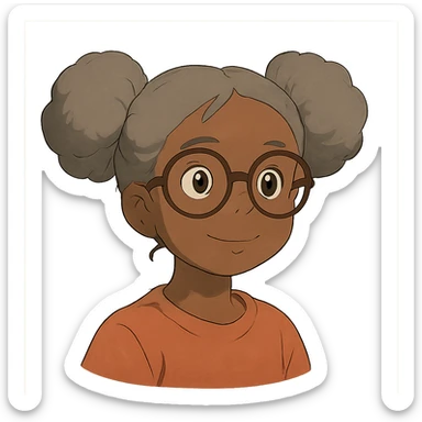 african american girl head with oversize glasses and gray hair in bunches, ghibli style sticker