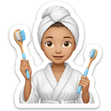 lightskin Women wearing shower robe and their hair with towel holding one brush sticker