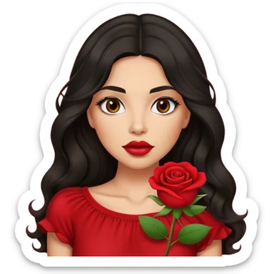 Big lips Olive brown eyed women with black long wavy hair rose background red top sticker