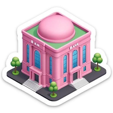 isometric style large pink building or bank with tall rectangular windows and round groundplan, emoji style, focus on entrance sticker