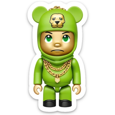 bearbrick toy with cubic head wearing a lime green balaclava covered in multiple brand logos graffiti style, with thick gold chains around neck, gold jewelry, aggressive eyebrows sticker