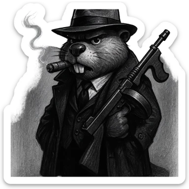 gritty noir-style cartoon of a beaver gangster from the 1920s, in a black suit, trench coat, white shirt, black tie, fedora, smoking a cigar, holding a Tommy gun, standing with confidence, dramatic lighting, realistic cartoon, transparent or simple background sticker
