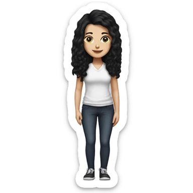 a white girl with black hair with 2 foot in front sticker