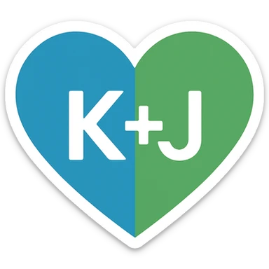 modern style blue and green heart with the letters K+J in the center, transparent background sticker