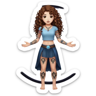full body view of a woman with long curly brown hair, brown eyes, white skin, tattoos, fake innocent pose while standing inside a glowing spell circle sticker