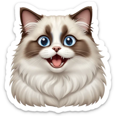 cinematic-adorable-big-eyed-fluffy-dark brown and white ragdoll-cat-portrait-emoji,-head-tilted-playfully-with-a-cute,-yawn,-soft-brown-and white-colored-fur-with-darker-points-on-the-ears,-simplified-yet-irresistibly-cute-features, sparkling blue eyes sticker