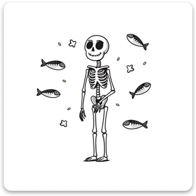 Ethereal skeleton in firm posture with floating sardines, bright yogurt, and golden sesame seeds around it, white light threads connecting the foods to the bones sticker