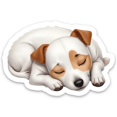 Meme-Worthy Cute Sleeping Jack Russell Terrier Portrait Emoji, Head and body resting peacefully with a contented smile, showcasing a compact, alert yet relaxed form with eyes gently closed in serene slumber, Simplified yet adorably endearing features, highly detailed, glowing with a soft, drowsy canine light, high shine, relaxed and utterly lovable, stylized with an air of playful laziness, soft glowing outline, capturing the essence of a sleeping Jack Russell Terrier that feels destined to become the next viral icon of adorable rest! sticker