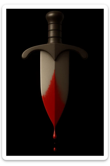 Make the blade longer, lighter, and wider, with a steep point at the tip (not gradual). Blood concentrated and dripping only from the tip. Keep the guard and handle the same size. High resolution, no background. Match all other details and style from the references. sticker
