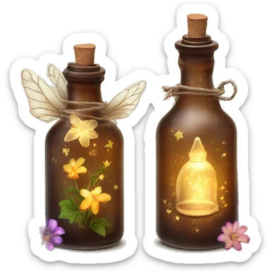 Brown magic fairy light sparkling old Antique bottle with poison and with herbal and flowers sticker