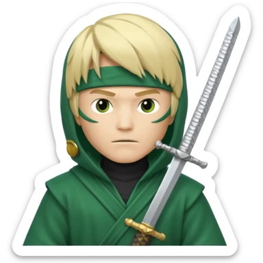 Green ninja Lloyd garmadon blonde hair, kaptur hoody on his head but blonde grzywka visible; the bottom left one is best (the one without miecze + black band + no mask of face) but add miecz; I want no band on head  sticker