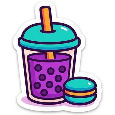a cup of purple boba tea with a macaron on the side, vibrant and cute, clear details sticker