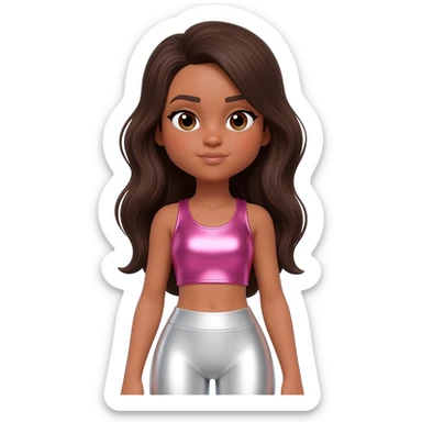 Azzyland with light skin, brown eyes, long dark brown hair, pink metallic crop top, white metallic leggings sticker