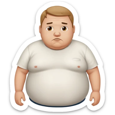 a cartoon fat man holding his stomach wearing t shirt, while looking confused?  sticker
