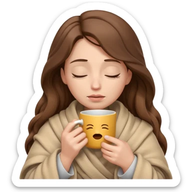 emoji-style illustration of a crying relaxed woman with long wavy brown hair, wrapped in a cozy beige blanket, holding a mug cup, eyes closed, sad and a bit anxious expression, soft 3D cartoon rendering, warm and comforting mood, plain background
 sticker