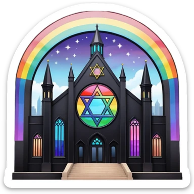 jewish synagogue temple in dark goth aesthetic style with black building and rainbow tint glass windows and star of david and celestial symbolism of peace and acceptance  sticker