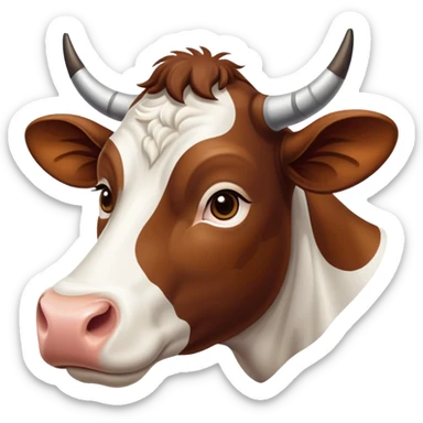 cinematic-noble-brown-and-white-cow-portrait-emoji,-poised-and-regal,-with-a-large,-sturdy-build-and-a-beautifully-patterned-hide-of-rich-brown-accented-by-crisp-white-patches,-deep-set-soulful-brown-eyes,-simplified-yet-sharp-and-sophisticated sticker