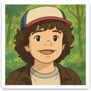 Recreate Dustin inspired by the reference photo, with a simple and delicate line style, colored in pastel tones, with thick and dark contours, in Ghibli style, 1:1 format, forest background. sticker