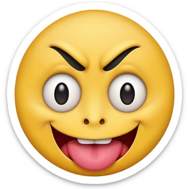 A yellow round face emoji smirking with its tounge out but the eyes are evil and kind of crazy and one eyebrow is raised in a suggestive way sticker
